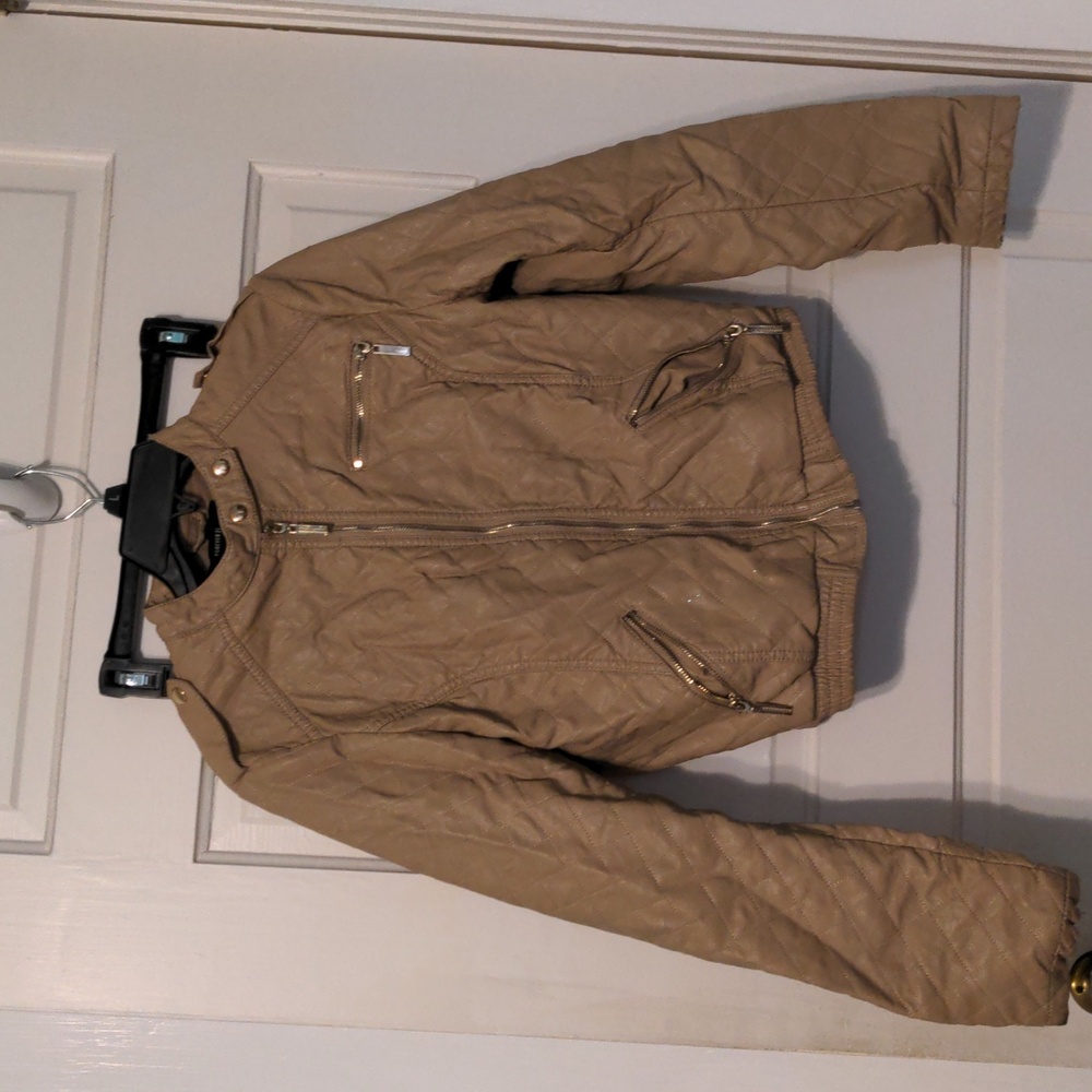 Forever 21 Tan Quilted Faux Leather Bomber Jacket Size Large